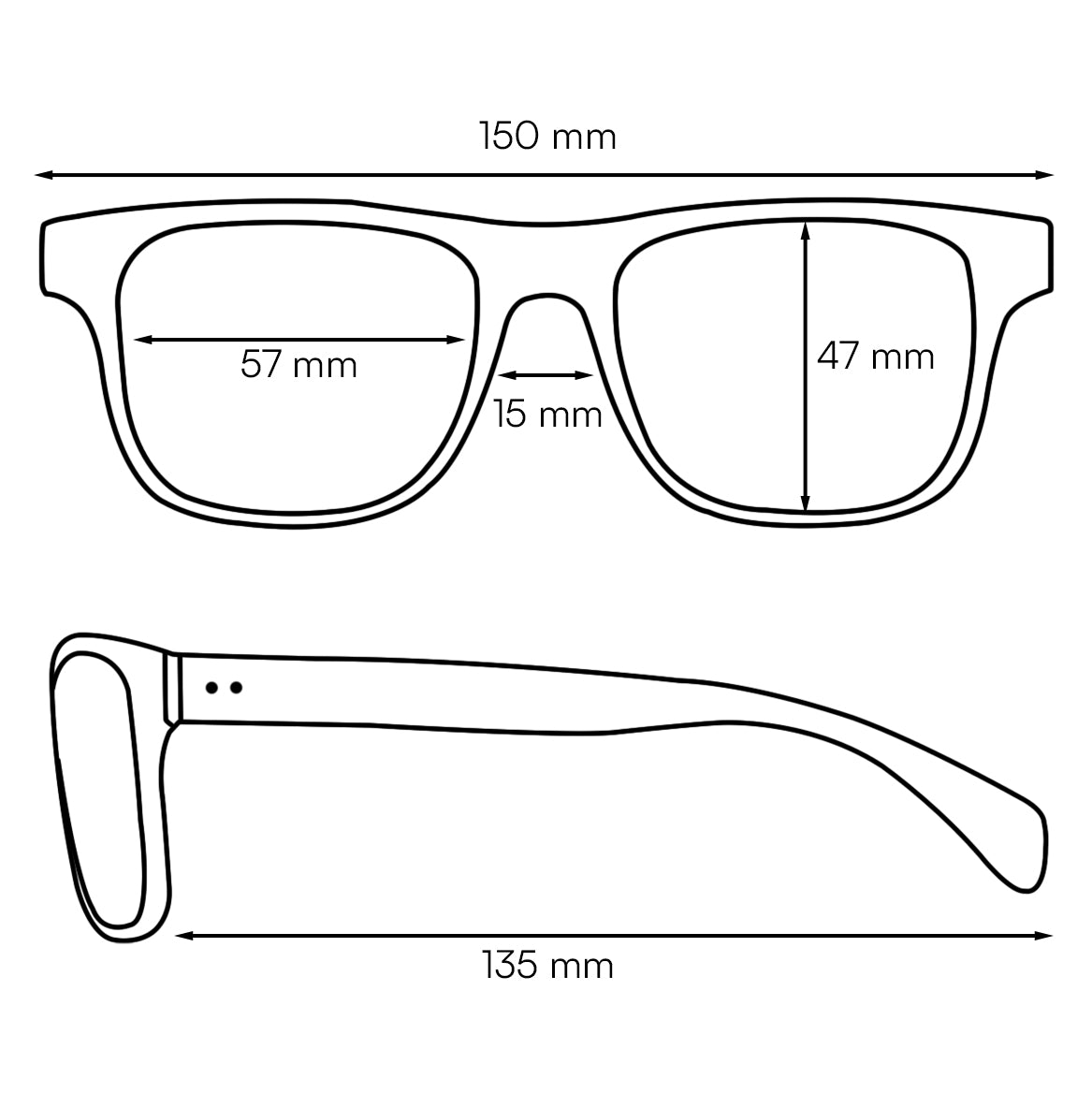 A line drawing of the NOCTIX® TR90 Super Dark Polarized Sunglasses, featuring black, ultra-dark lenses and a lightweight, durable frame. With a lens width of 57 mm, height of 47 mm, and 135 mm arm length, these sunglasses offer extreme UV protection and glare reduction. Ideal for light sensitivity and outdoor activities