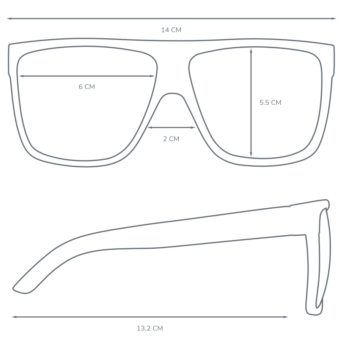 Measurement diagram for COLE oversized sunglasses showing 150 mm temple width, 65 mm lens width, and 55 mm lens height
