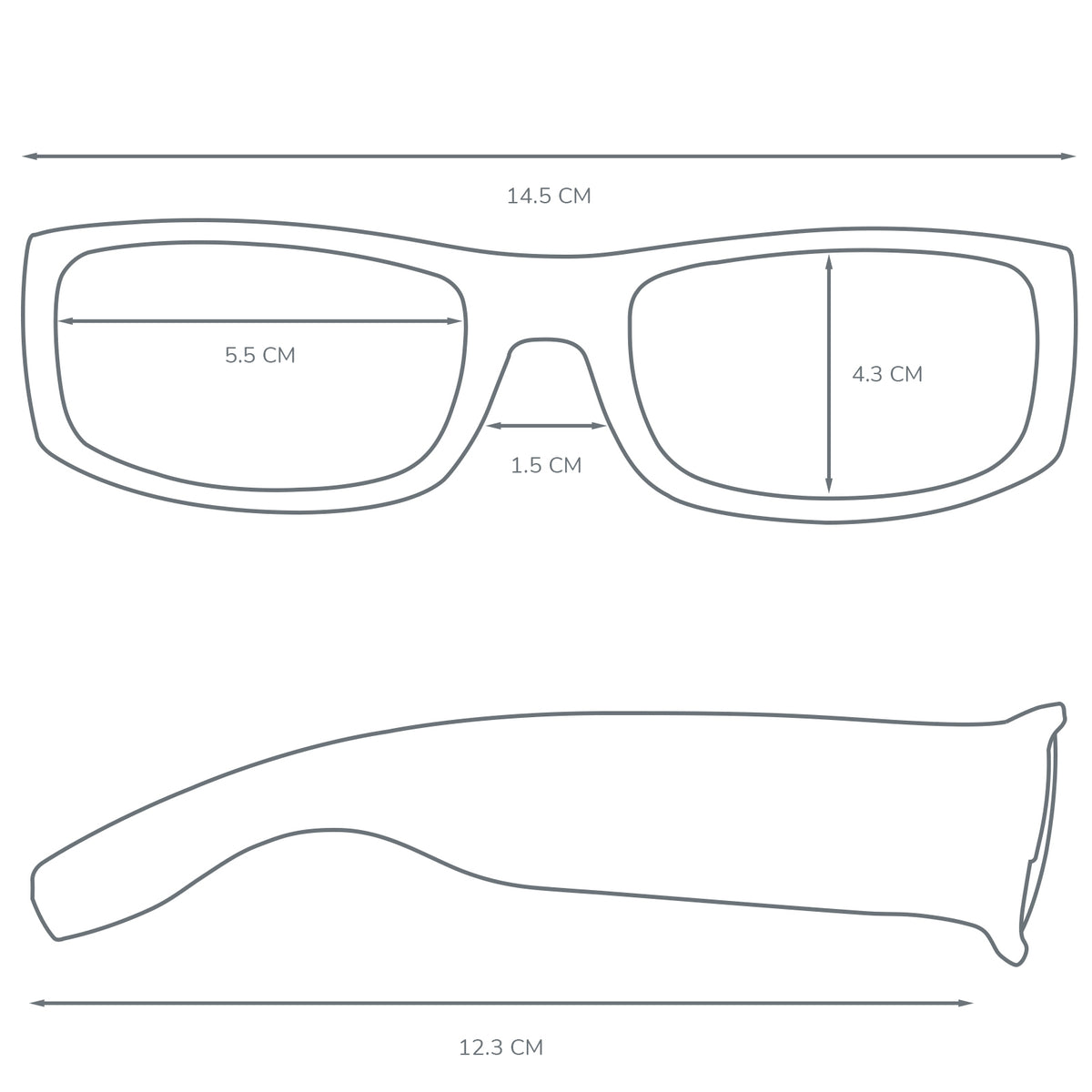 ShadyVEU eyewear dimensions diagram showing KACE Super Dark Soft Frame Sunglasses measurements, including 14.5 cm frame width, 5.5 cm lens width, 4.3 cm lens height, 1.5 cm nose bridge, and 12.3–13 cm arm length