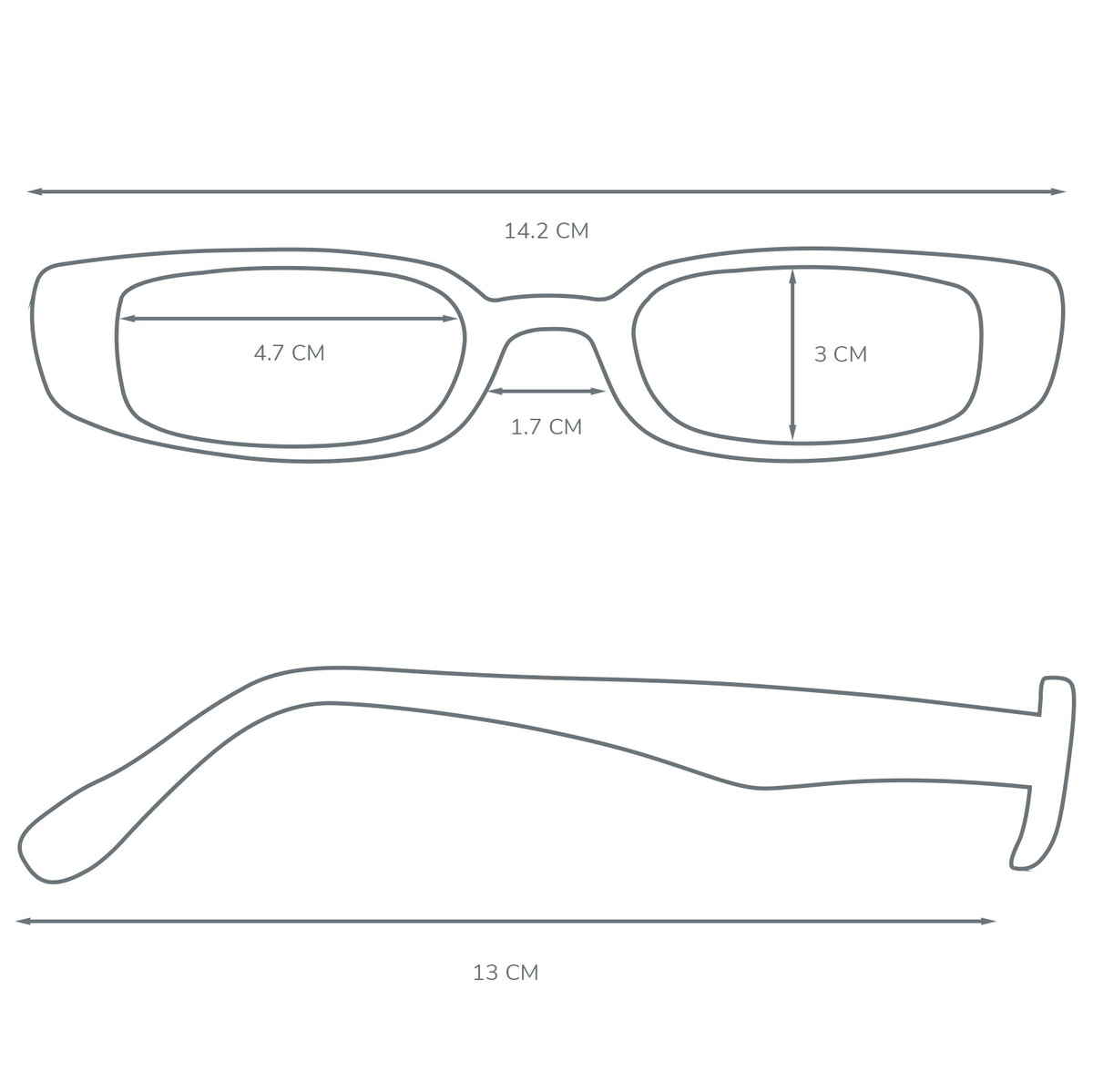 Size diagram of ShadyVEU LONE ultra-slim sunglasses showing 142 mm temple width and narrow rectangular lenses