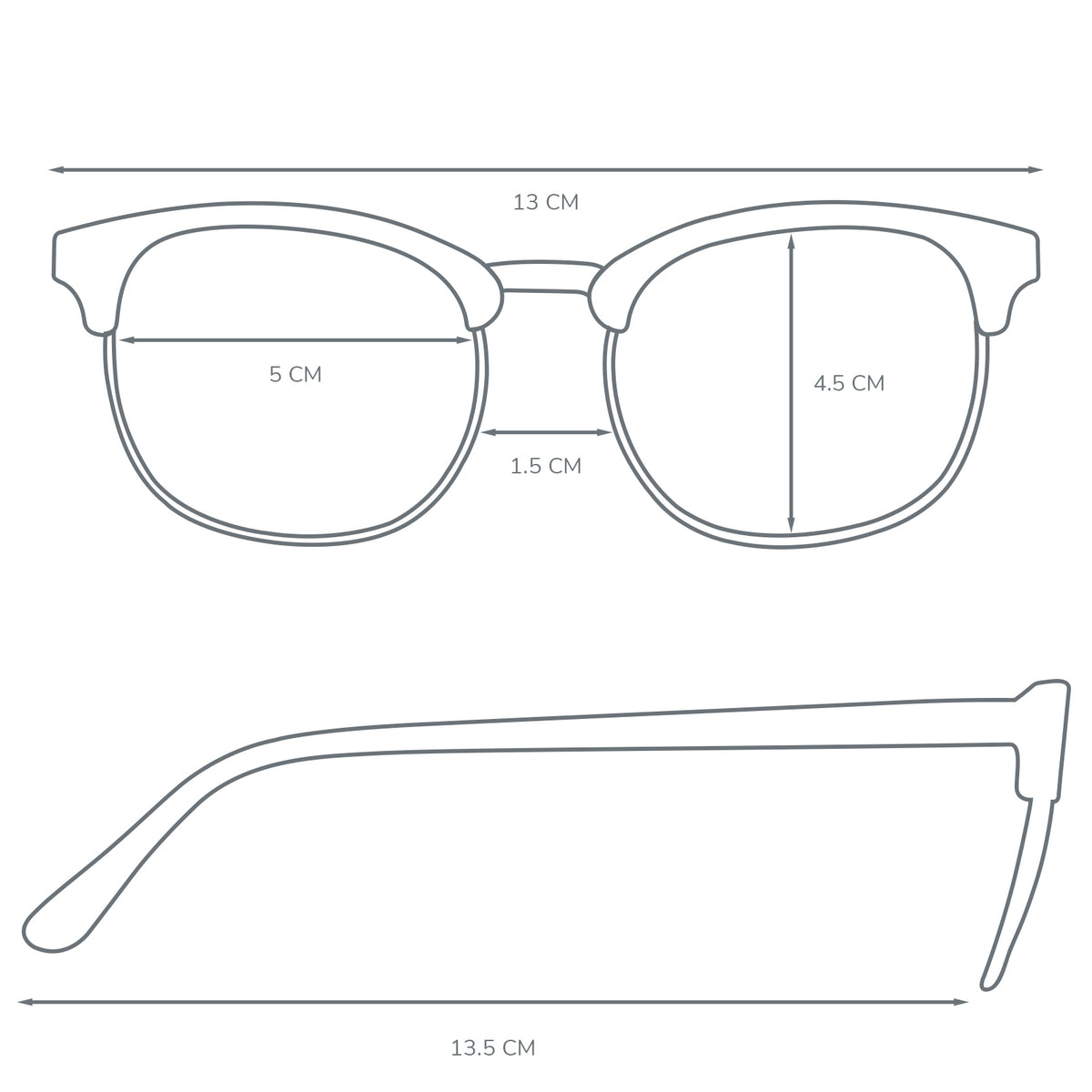 Specs diagram of TONI super dark rimless sunglasses showing measurements: temple width 140 mm, lens width 55 mm, lens height 48 mm, arm length 135 mm, nose bridge 15 mm for dark tinted sunglasses with extreme UV protection