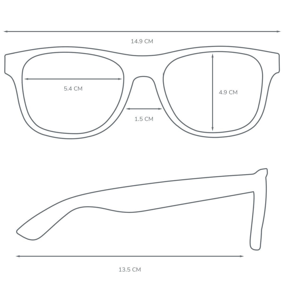 Specs view of NICK super dark glossy black frame sunglasses with dark tinted lenses, showing measurements and frame details; extreme UV protection sunglasses for light sensitivity, migraines and driving.